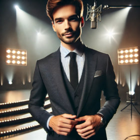 DALL·E 2024-08-28 02.50.54 - A man wearing a stylish host or MC outfit, standing confidently on a stage or in a studio setting. He is dressed in a well-tailored suit jacket, crisp